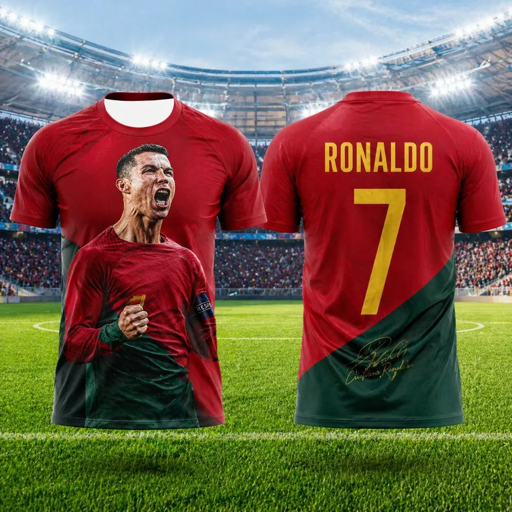 Cristiano Ronaldo's 2026 Sommer Neues 3D-gedrucktes Sport-Kinderfußball-T-Shirt - Schnelltrocknend und Atmungsaktiv – Detail 3