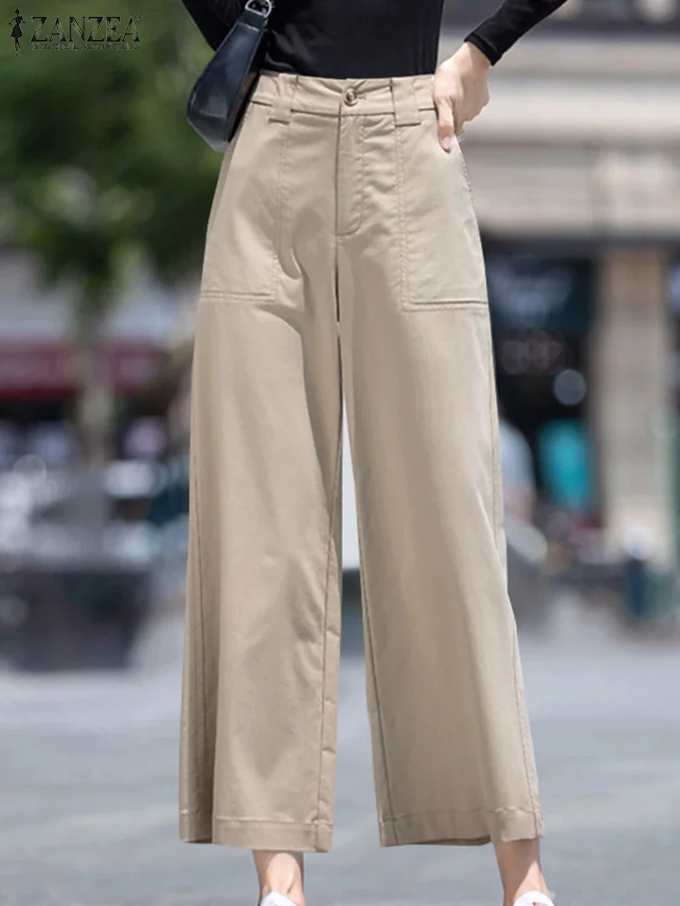 

ZANZEA Women High Waist Straight Long Pants 2025 Summer Casual Wide Leg Trousers Solid Loose Pantalons Holiday Pockets Pants