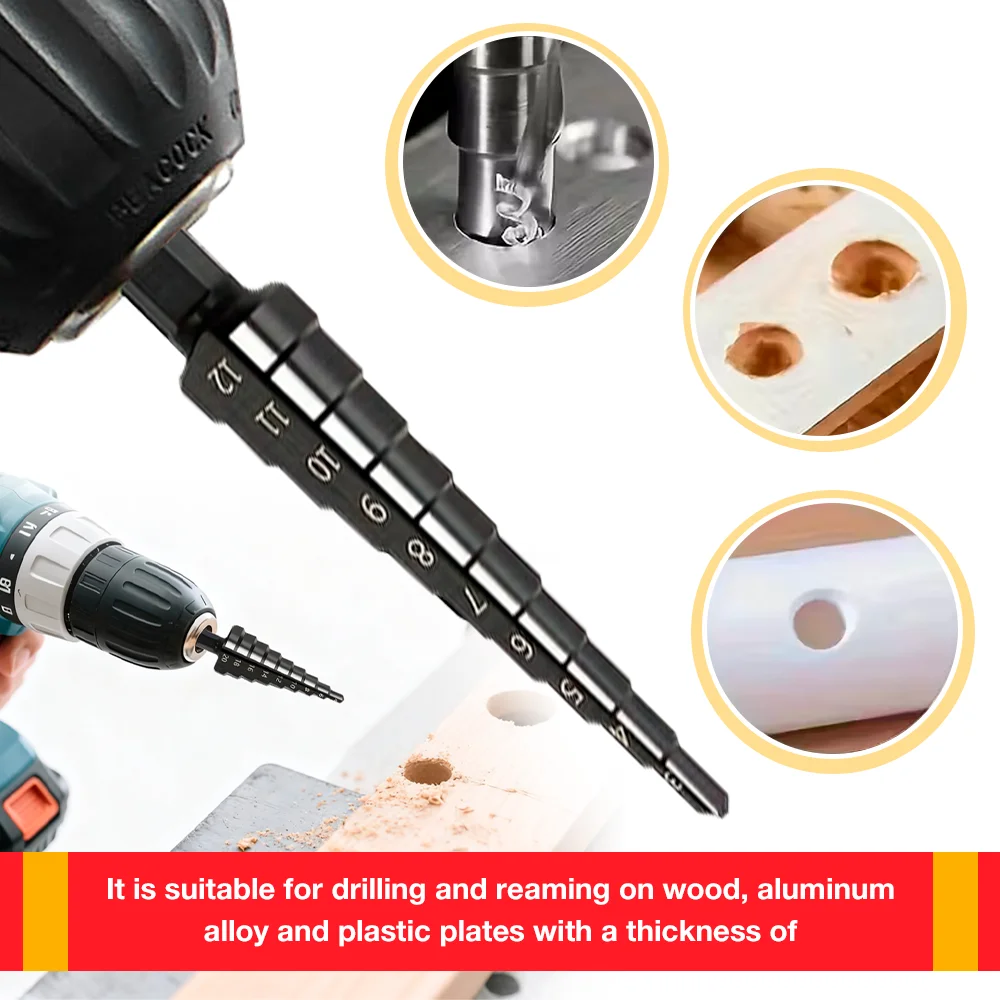 Juego de 3 brocas escalonadas de ranura recta con punzón central de resorte, vástago hexagonal, 3-1/4-1/4-20, recubrimiento de nitruro, cortador de agujeros cónicos para madera y metal.