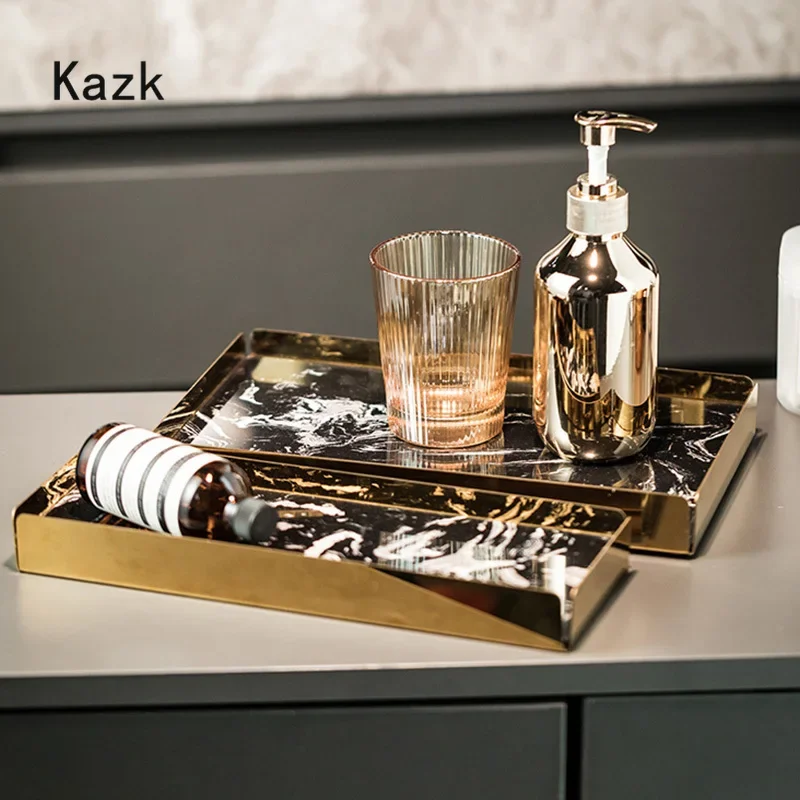 

Light Luxury Marble Tray High End Washbasin Golden Base Storage Tray Bathroom Decoration Cosmetic Organizer Trays Decorative
