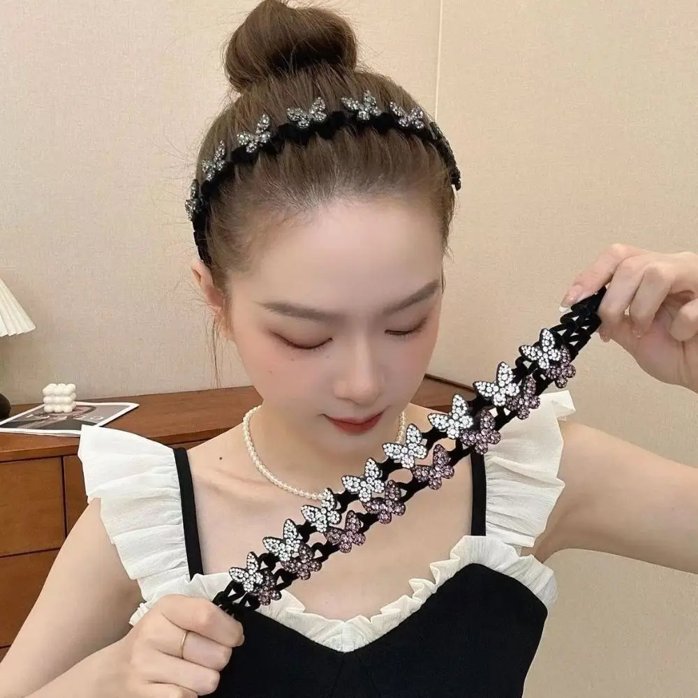 Elegant Wavy Star Headband Korean Style Headwear Rhinestone Hair Hoop Non-slip with Teeth Butterfly Hair Band Girls