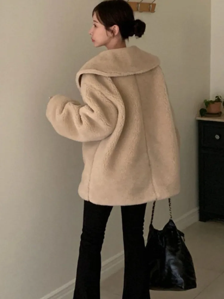 Lamb Fur Coat Women's Loose Thiened Autumn Winter Warm Zipper Sweatirt Large Collar Rabbit Fur Simulation Outerwear