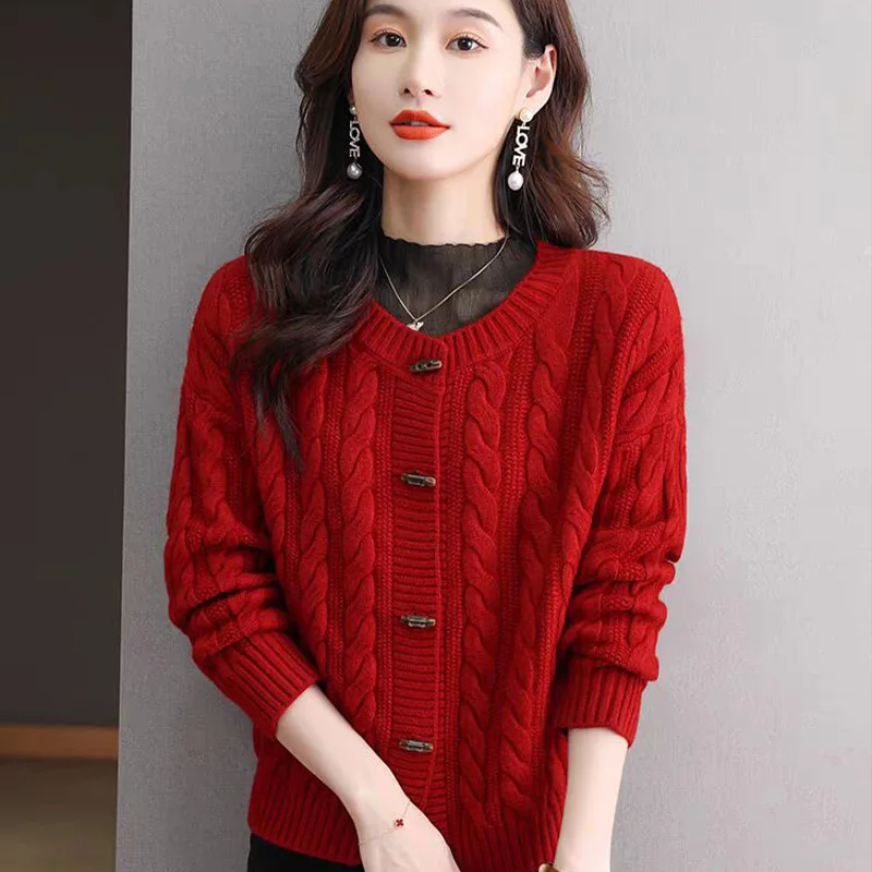 Women Clothing Vintage Elegant Knitted Cardigan Autumn Winter Chic Button Sweaters Fashion Loose O-neck Commute Tops