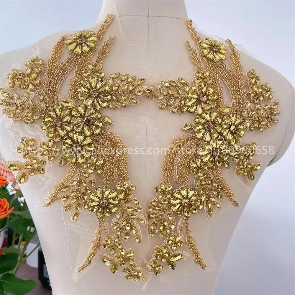 

New Color Hand-sewn Sparkling Rhinestone Glass Drill Mirror Flowers DIY Patch for Wedding Dress Coats Waistbands Shoulders 1Pair