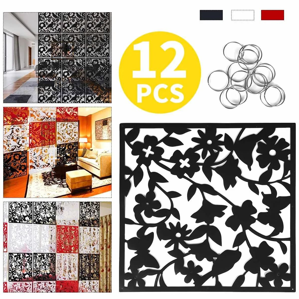 Black/White/Red 12pcs/set For Home Fashion Decor Bird Flower Leaf Hanging Screen Partition Divider Panel Home Room Curtain