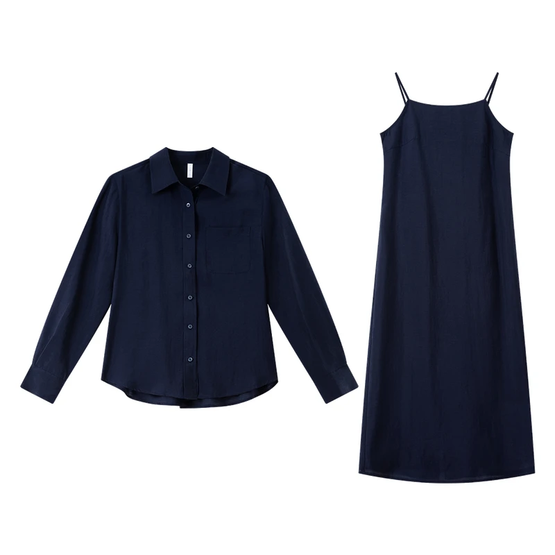 VIMLY Lyocell Women's Shirt Dress Set 2026 Spring Autumn Two Piece Clothing Sets Long Sleeve Shirt Long Slip Dress Lady A3010 image 6