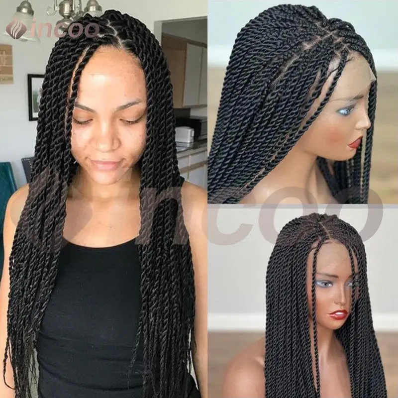 

Синтетические сенегальские крученые плетеные парики, полный кружевной фронтальный парик, плетеные искусственные локоны для чернокожих женщин, парик с косами в коробке богини