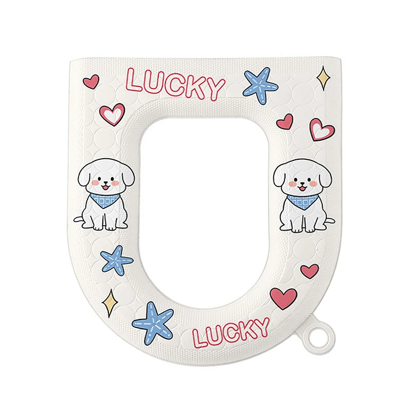 Lucky Puppy Prints Waterproof Toilet Seat Pad with Toilet Lifter Finger Ring ,Four Seasons EVA Foam Toilet Seat Cover Washable