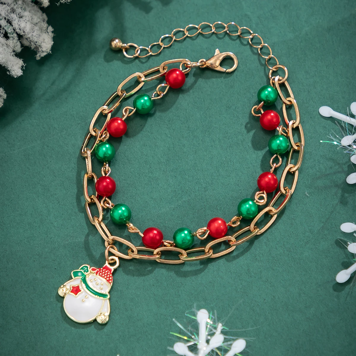 Salircão-Pulseira acrílica para mulheres, metal fofo, pingente de sino boneco de neve, charme vermelho e verde, festa coreana joias, presente