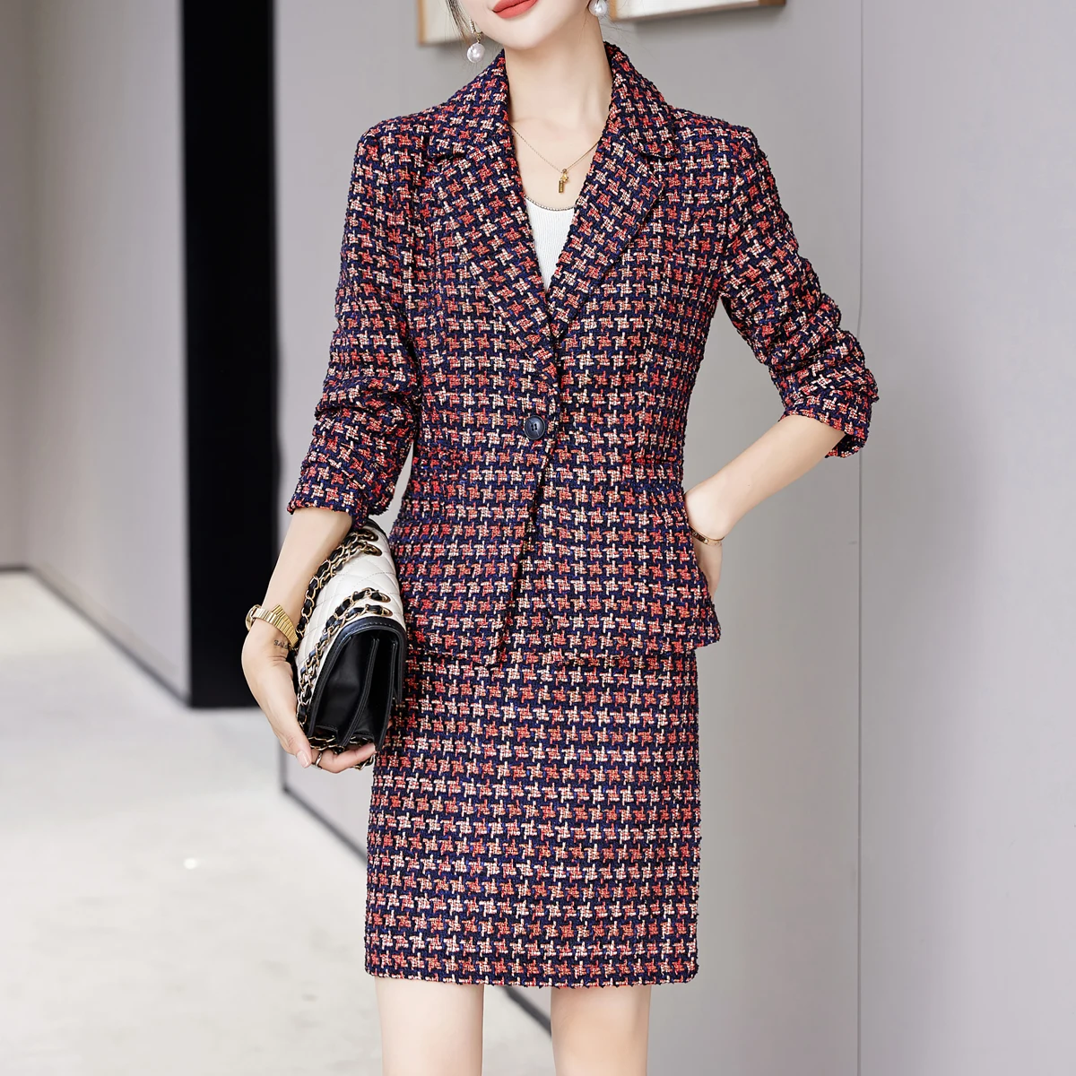 Autumn Winter New Skirt Suit Women Elegant Korean Plaid Woolen Fashion Blazer + Mini Skirt Casual Office Lady 2-Piece Set