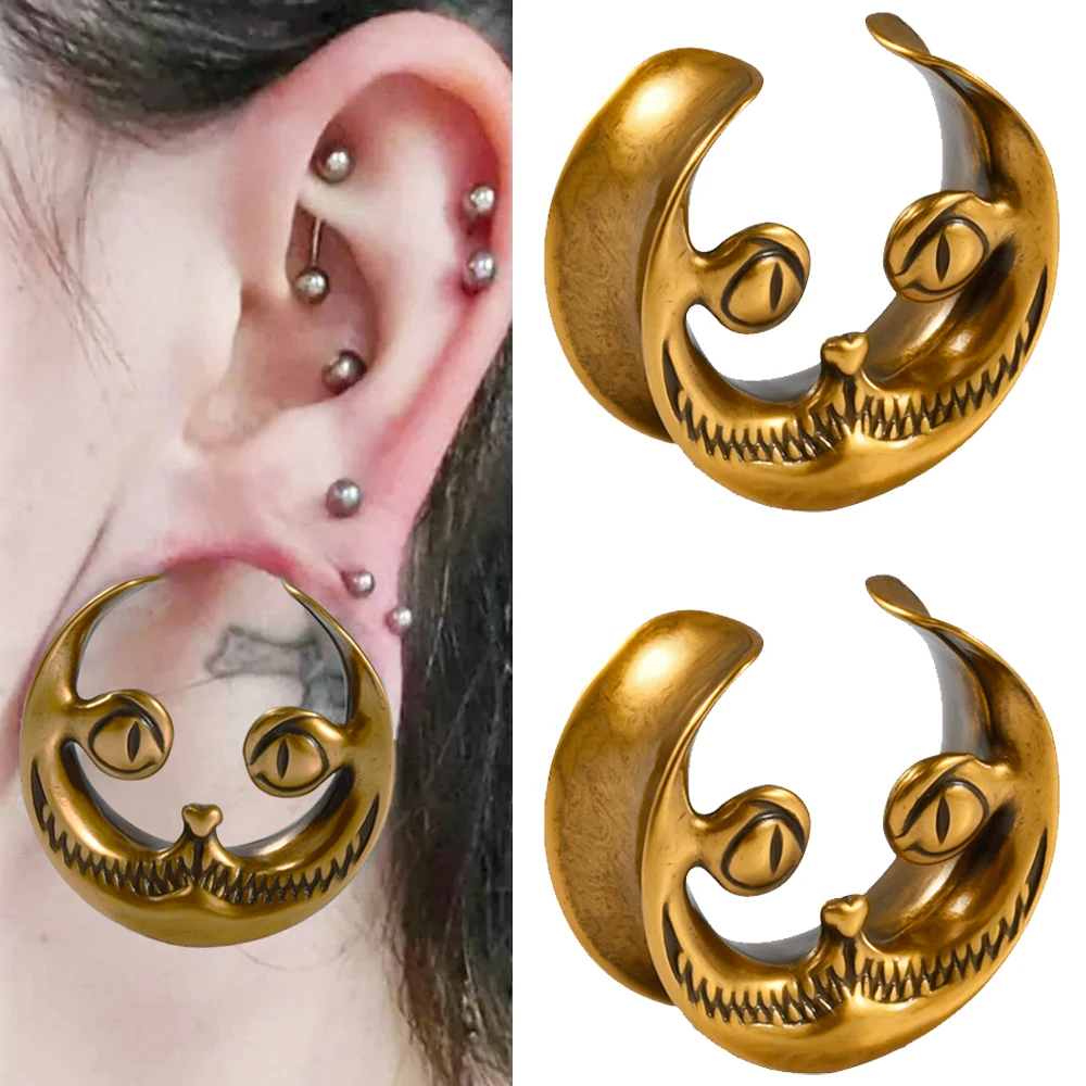 1PC Copper U Shape Cat Ear Expanders Smile Face Ear Gauge Ear Plugs Stretchers Piercing 8mm-25mm Golden Body Piercing Jewelry