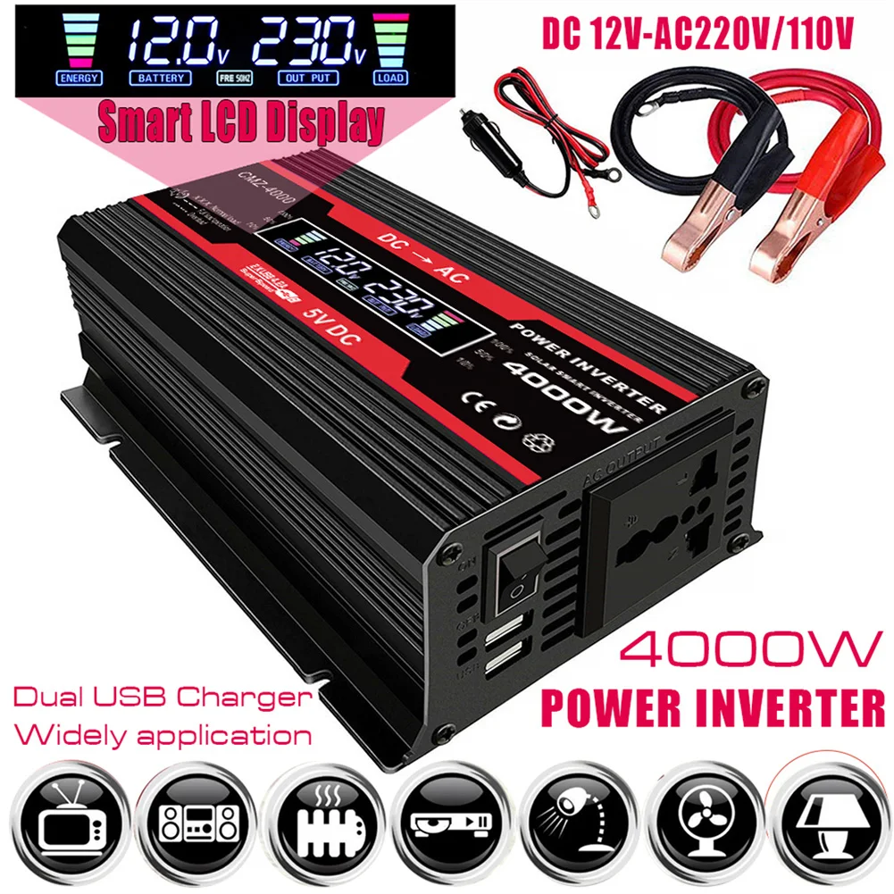 4000W Car Inverter Converter 12V to 110V/220V LCD Display Voltage Transformer Car Adapter Modified Sine Wave Charge Converter