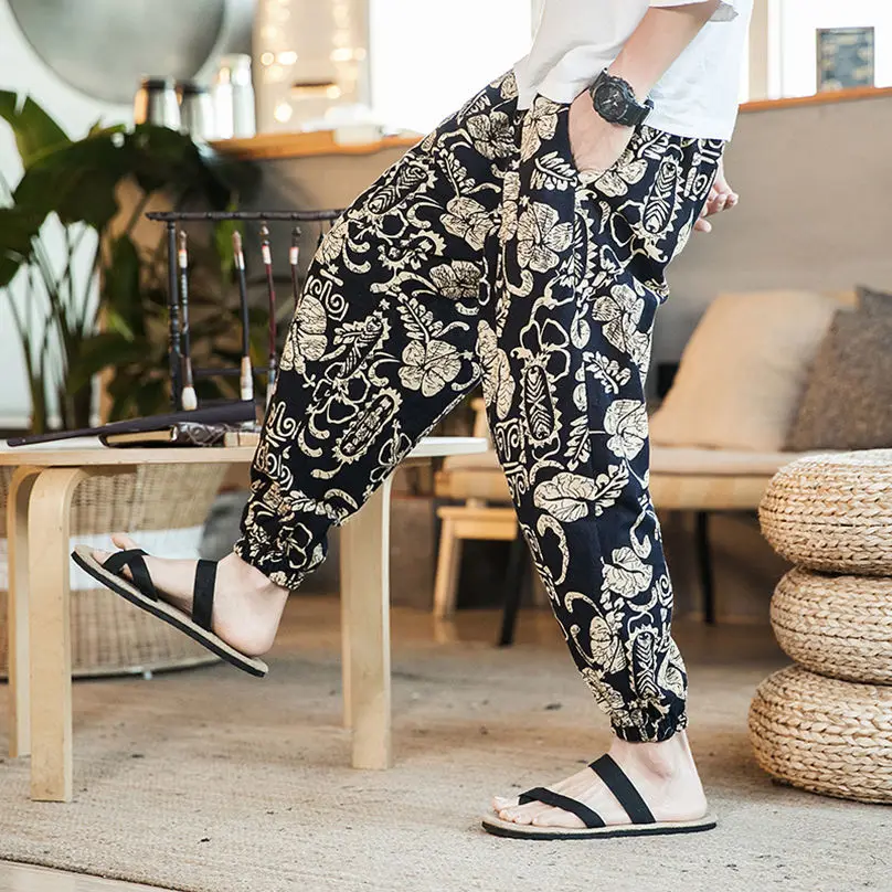 

Летние тонкие мужские пляжные брюки с принтом, свободные повседневные брюки-капри длиной до щиколотки, модные облегающие брюки в стиле Харадзюку, устойчивые к сминанию
