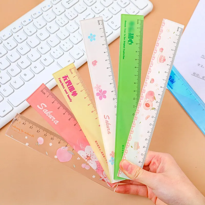 1 pcs Peach Cherry Pattern 15cm Transparent Rectangle Ruler School Office Student Stationery Drawing Tool Supplies 