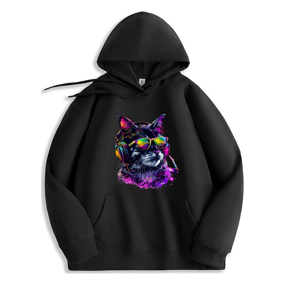 

Cool Cat Wearing Headphones Designer Clothes Oversize Hoodie Polyester Fiber Long Sleeve Mens Clothing​
