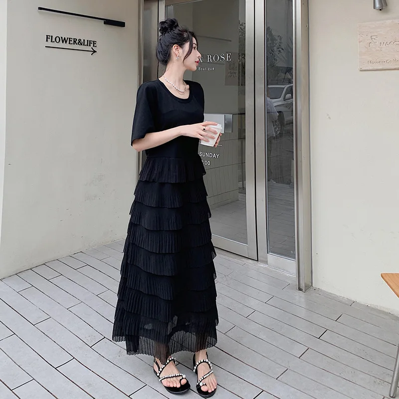 Eenvoud Jurken Elegant Patchwork Ruches Effen Zwart Zomer Dunne O-hals Korte Mouw Koreaanse Mode Losse Dameskleding