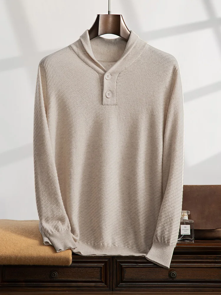 Men's 100% Cashmere Sweater Shawl Collar Pullovers Autumn Winter Smart Casual Twill Jacquard Long Sleeve Knitwear Clothing Tops