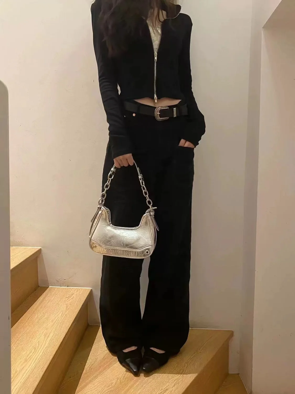 JIAERDI Silver Underarm Bag Women Retro High Street Fashion Chain Casual Shoulder Bag Ladies Harajuku Solid Y2k Bolsa Aesthetic