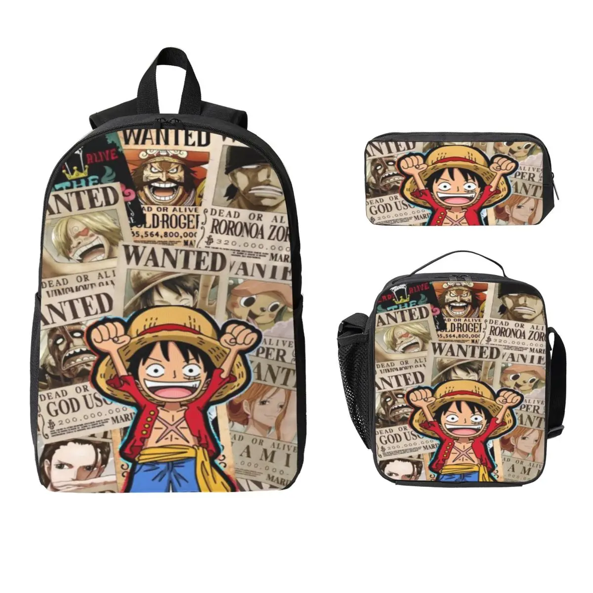 3Pcs Luffys O-one-pieces Accessories Backpack Set for Kids Pen Bags Bookbag Sets with Lunch Box For School Students Knapsack