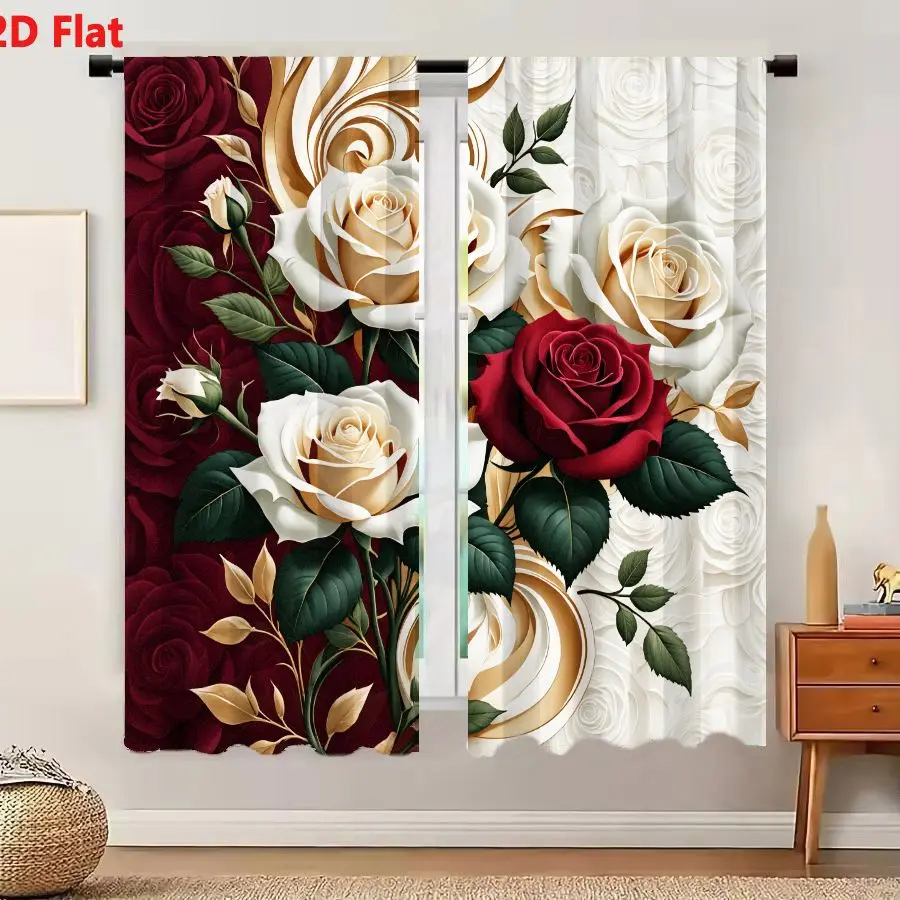 2Pcs Curtains Add 2D Flat Rich And Elegant Floral Composition Featuring Deep Crimson Red Pristine White And Creamy Beige Roses W