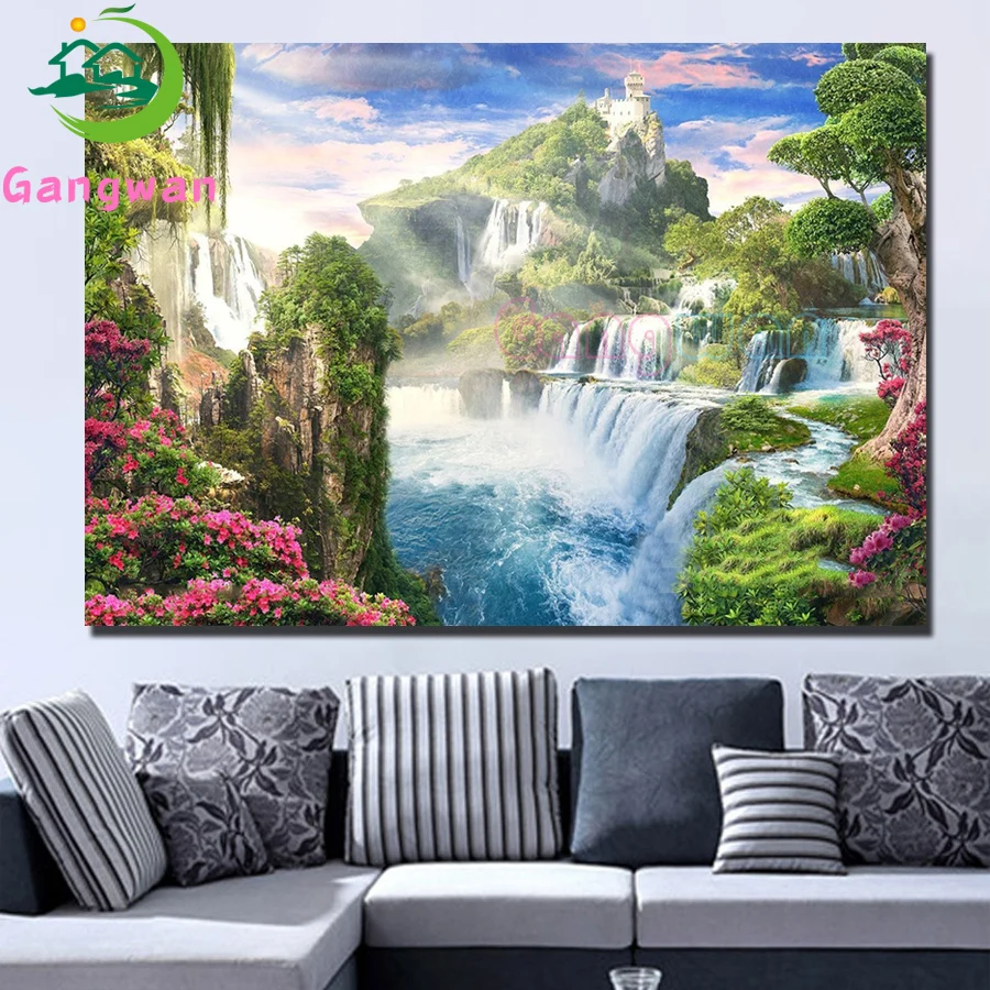 waterfall full square round diamond painting mountain Evergreen Tree 5d diamond mazayka embroidery sale diy diamond home decor