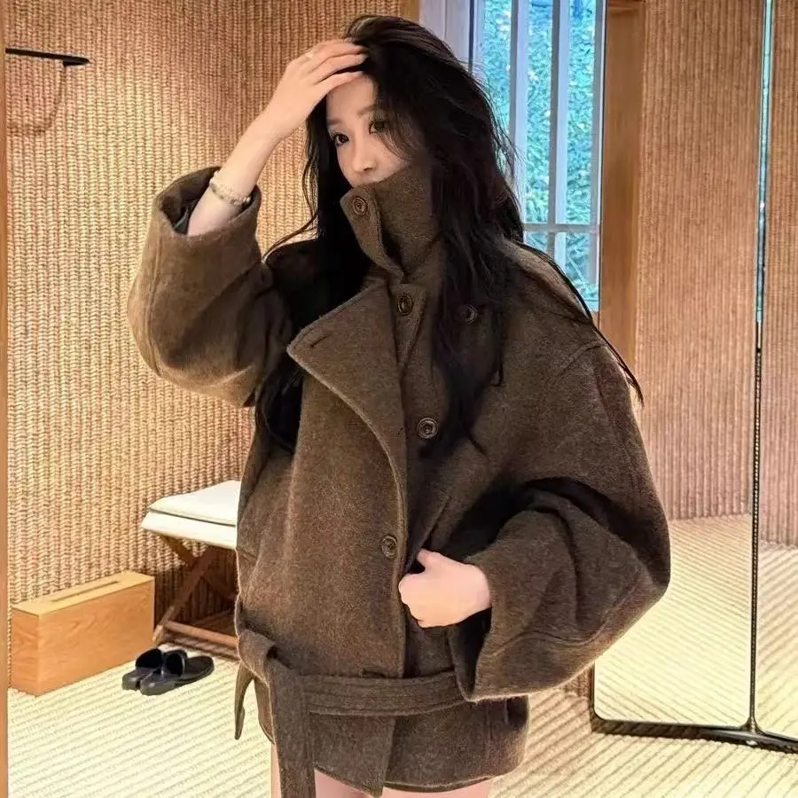 

American Retro High Collar Double Face Mink Coat Women's New Winter New High End Feeling Elegance Woolen Coat Jaet