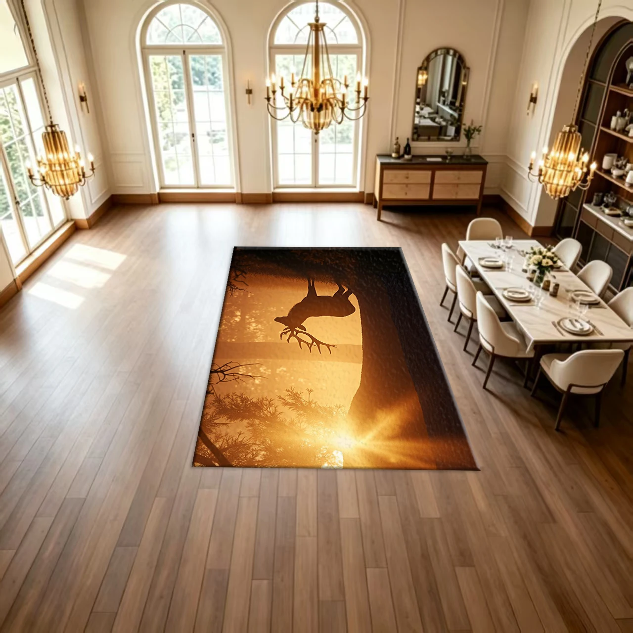 Deer Silhouette Sunset Forest Carpet Flooring Nature Scenery Large Area Rug for Home Decoration view 5