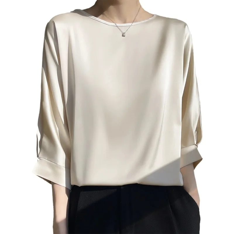 เสื้อไหมซาตินผสมอะซิเตท ทรงกลม แขนทรงปีกค้างคาว สีพื้น สำหรับผู้หญิง สไตล์ลำลอง เหมาะสำหรับใส่ไปทำงาน