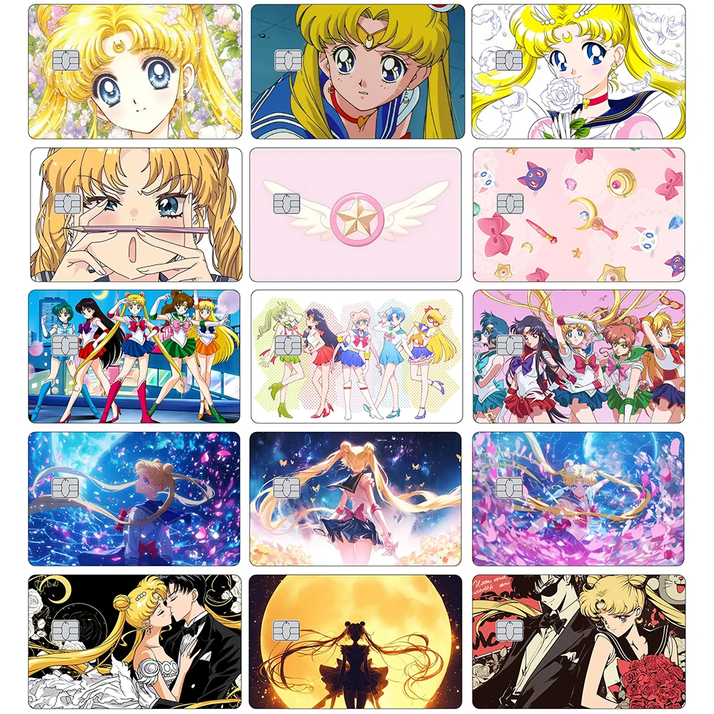 Stiker Kulit Kartu Kredit Bank Kartun Anime Lucu Tsukino Usagi Casing Penutup Stiker Kulit Film Pelindung Kartu Metro Berperekat