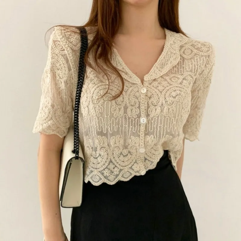 Sheer Embroidery Lace Blouse Cover Up Top Short Sleeve Button Front Cardigan Women Summer Boho Vacation Outfit