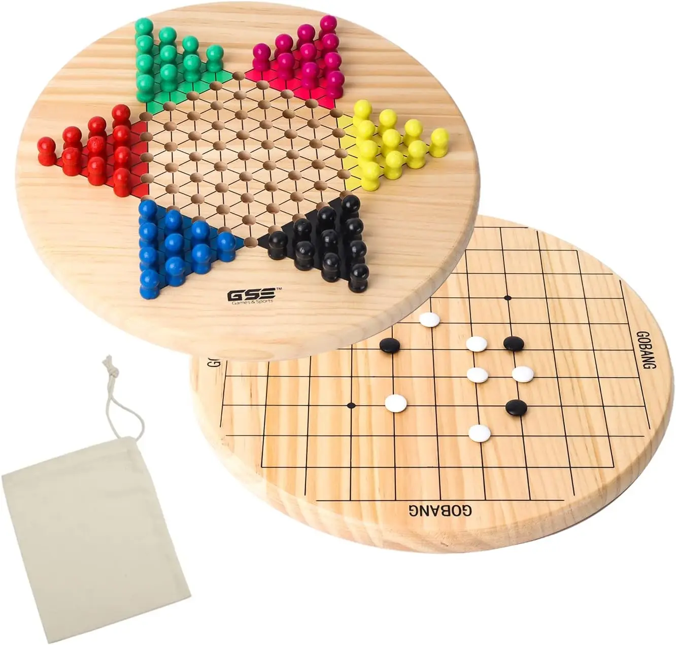 

11.5' Natural Wood 2-in-1 Chinese Checkers & Gobang Game Set with 66 Colored Wooden Pegs, Classic Strategy Game for Kids & Adult