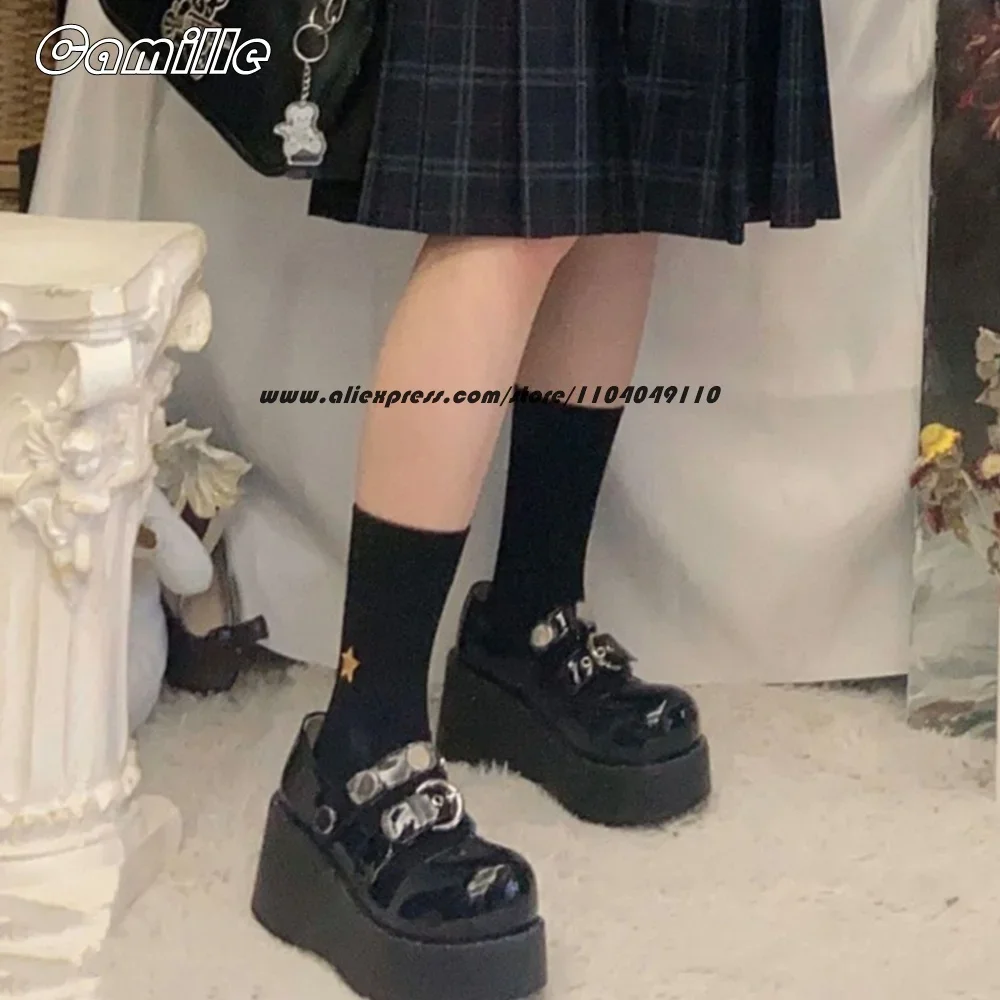 Genuine Leather Belt Buckle Strap Chunky Heel Shallow Pumps Round Toe Platform Casual Lady Shoes Mary Jane Metal Rivet Shoes