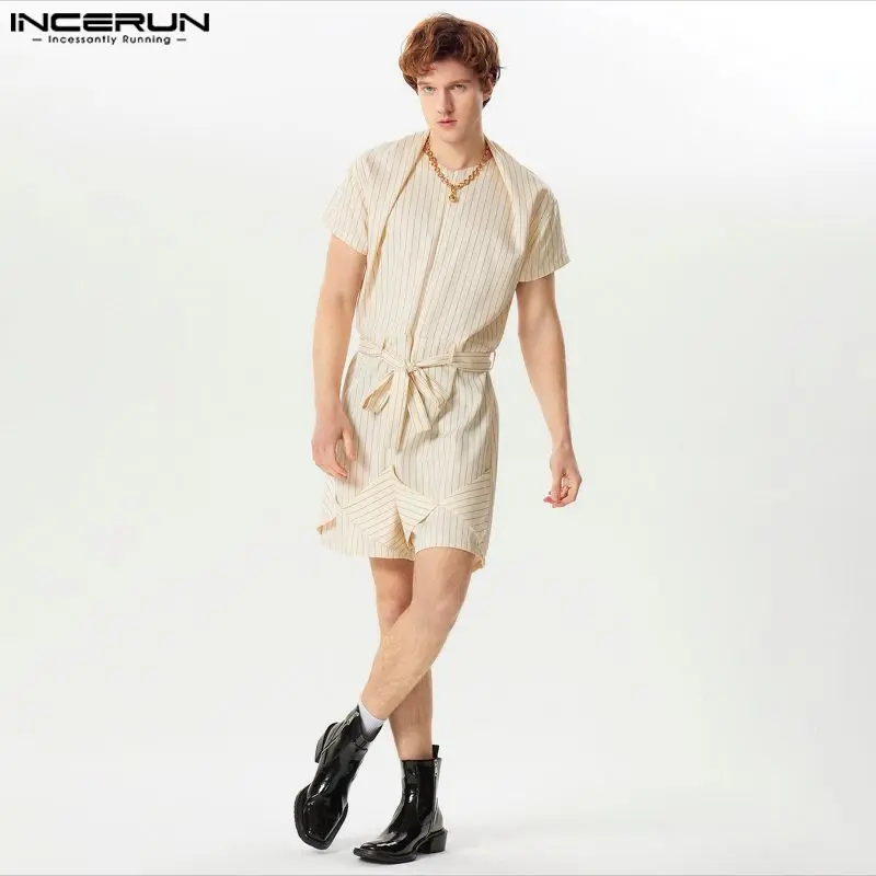 INCERUN Men Striped Rompers O-neck Short Sleeve Streetwear Summer Casual Male Shorts Jumpsuits With Belt 2024 Fashion Overalls