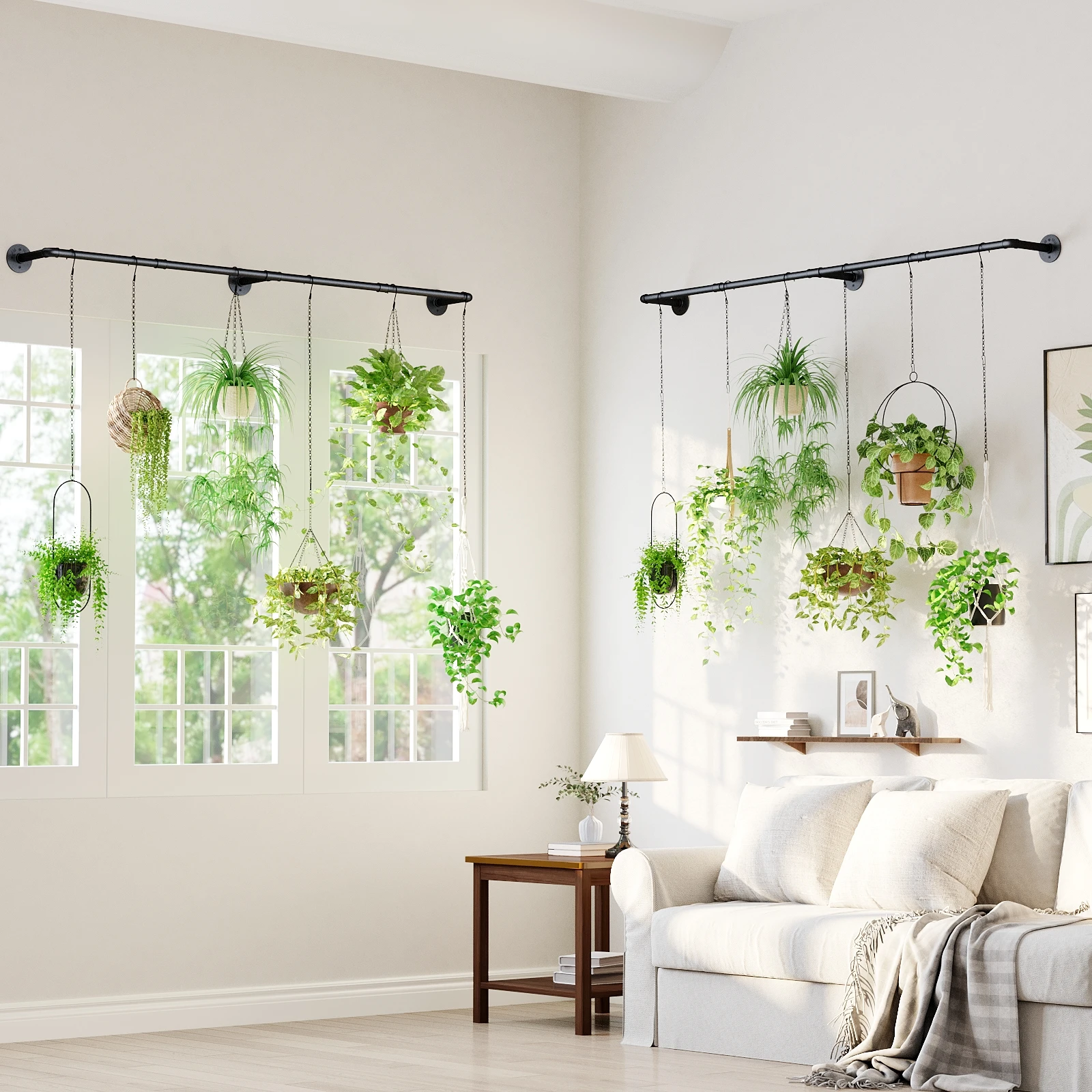 Indoor Plant Hanger 12 Chains Black Metal 70 8 Inch Window Rod 2PCS Hanging Planters Holder Shelves Pot Not Included