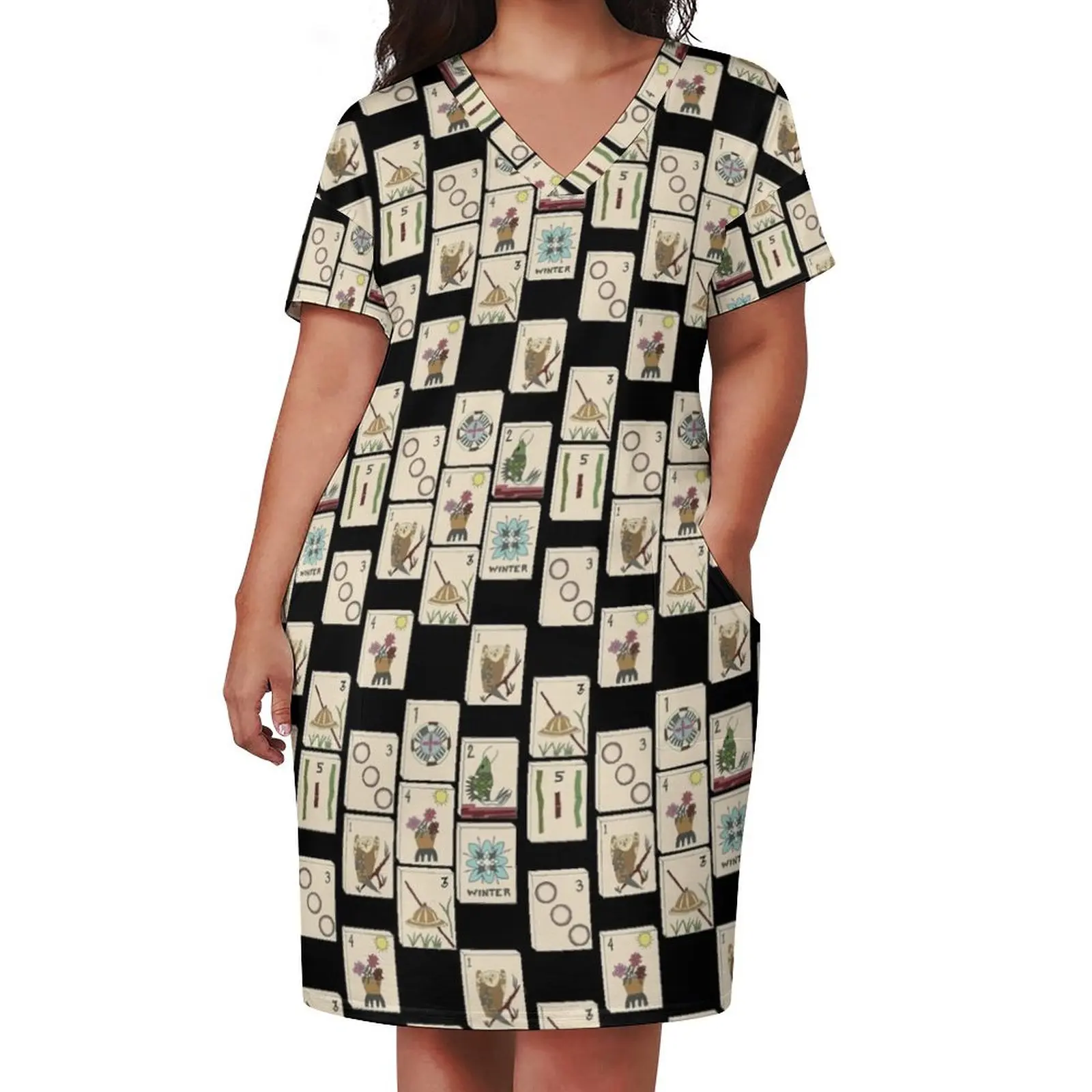 Mahjong Majong Black Tile Pattern Loose Pocket Dress women