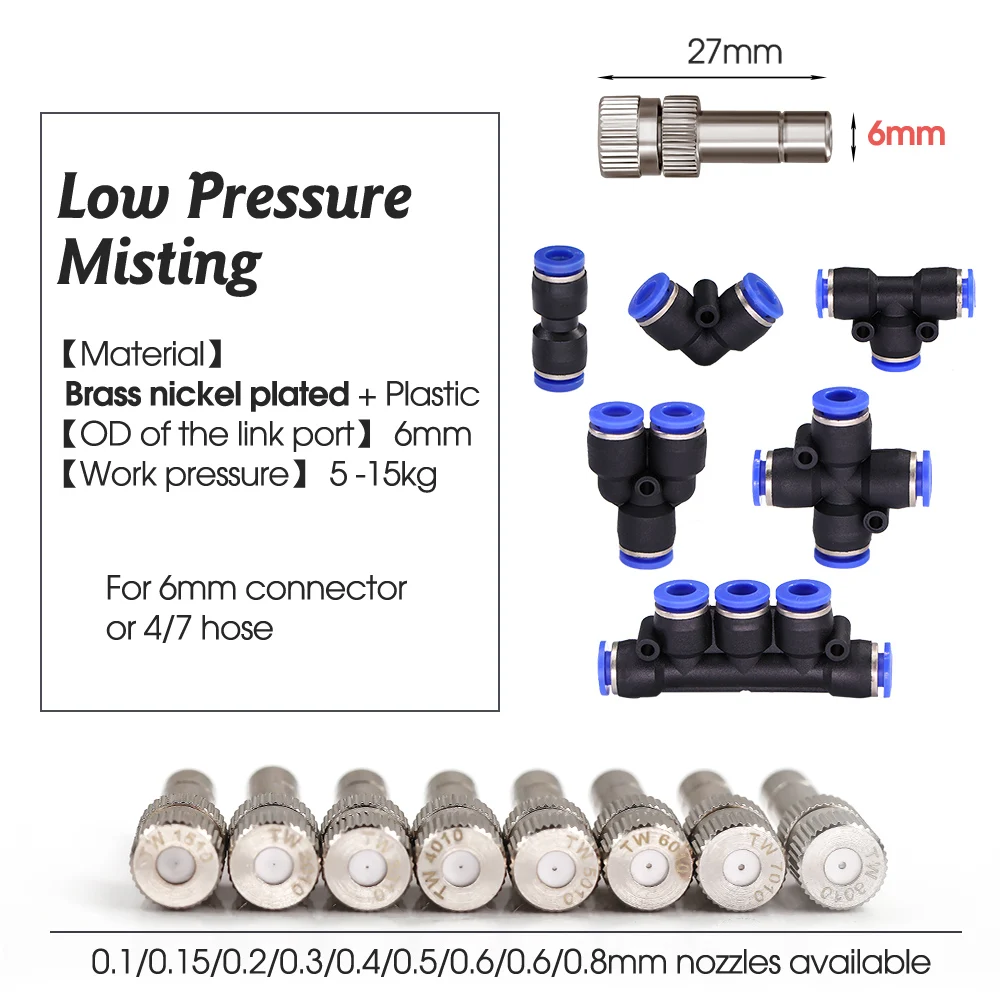 6-type 6mm Low-pressure Misting Nozzles Fine Atomization Sprayer Garden Irrigation Cooling Humidification Quick Insert Slip Lock