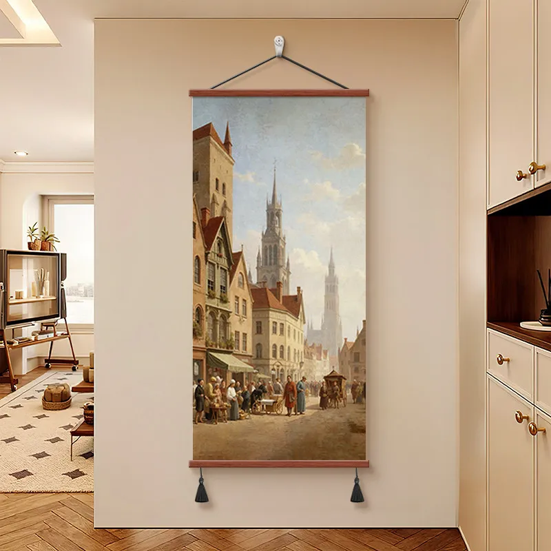 Wall Art Venetian Canal and Warm Sunset European Style Pearlescent Canvas Hanging Scroll with Wooden Rods for Entryway