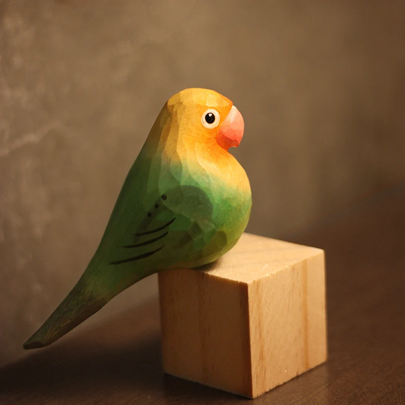 Wooden carving bird desktop decoration handicraft green peony parrot lovebird pure handmade solid wood ornaments