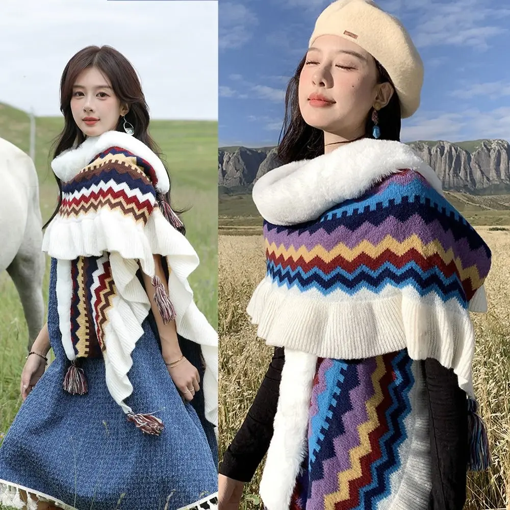 

Trendy Winter Warm Mongolian Poncho Flounce Ethnic Style Cardigan Tassel Shawl Striped Flounce Knitting Wraps Women Fashion