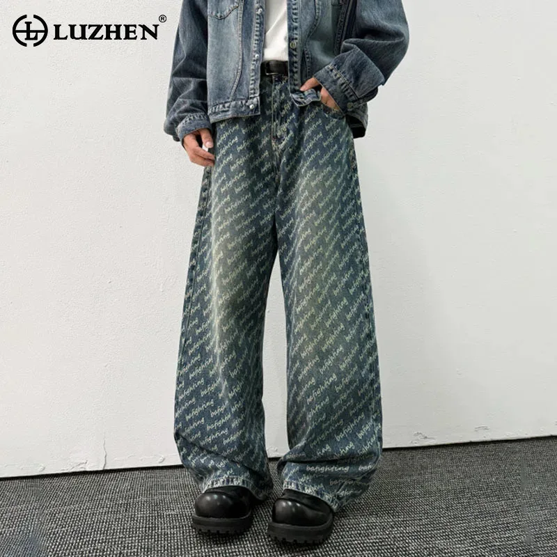 

LUZHEN 2025 новые персонализированные потертые прямые джинсы с буквенным принтом, мужские оригинальные свободные широкие мужские джинсовые брюки JY4150