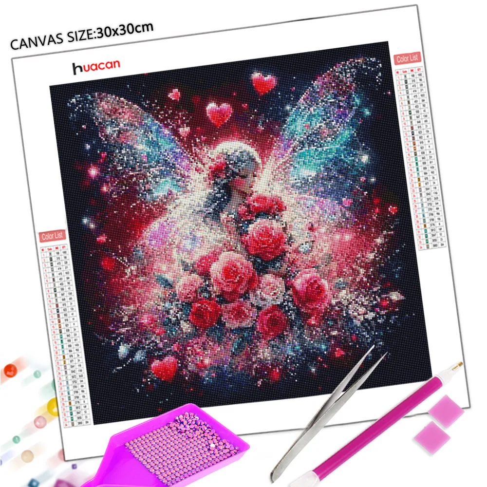 Huacan Diamond Painting Rose Butterly Fairy Diamond Embroidery Portrait Complete Kit Rhinestone Pictures