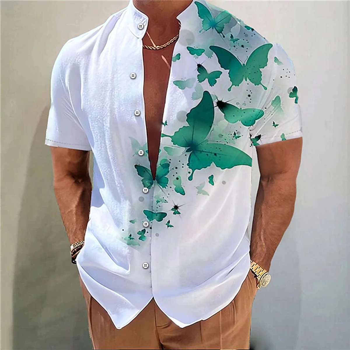 2025 Men's Shirt Butterfly Pattern 3D Printing Stand Collar Multi-color Outdoor Street Short Sleeve Hawaiian Muslim Men Clothing