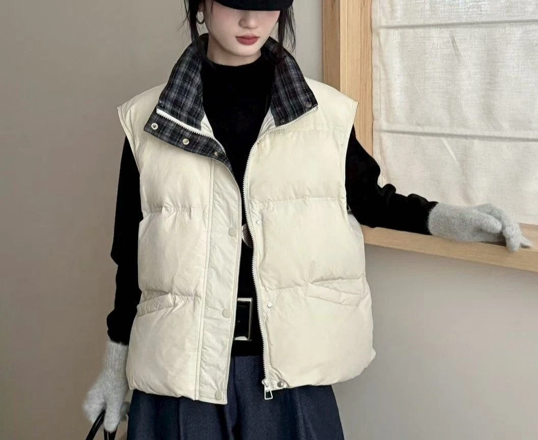 Autumn and Winter New Women's Down Vest Loose Fitting Patchwork Stand Up Collar Top