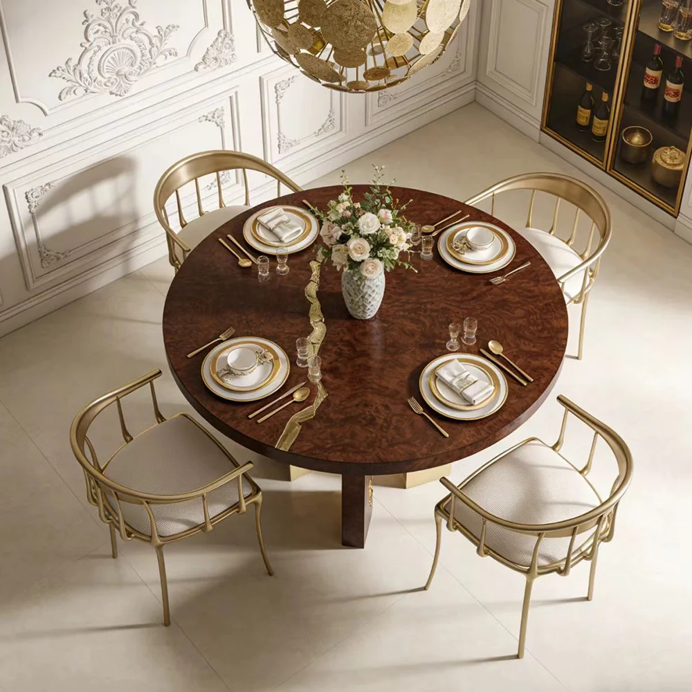 S*-Modern Luxury Round Dining Table Solid Wood Stainless Steel Design for Restaurant High End Furniture