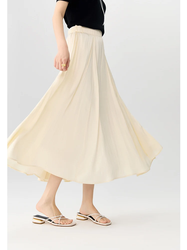 DUSHU【2 Colors】Women Beige Long A-LINE Skirts High Waist Elastic Waist Twill Blue Green Female Summer Polyester Skirts 24DS82829