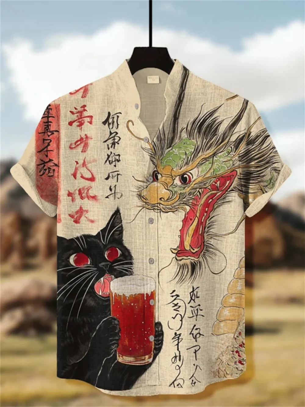 

plus Size Japanese Text Art Printed Shirt Stand up Collar Short Sleeved Button up Linen Hawaiian Vacation Casual Fashionable