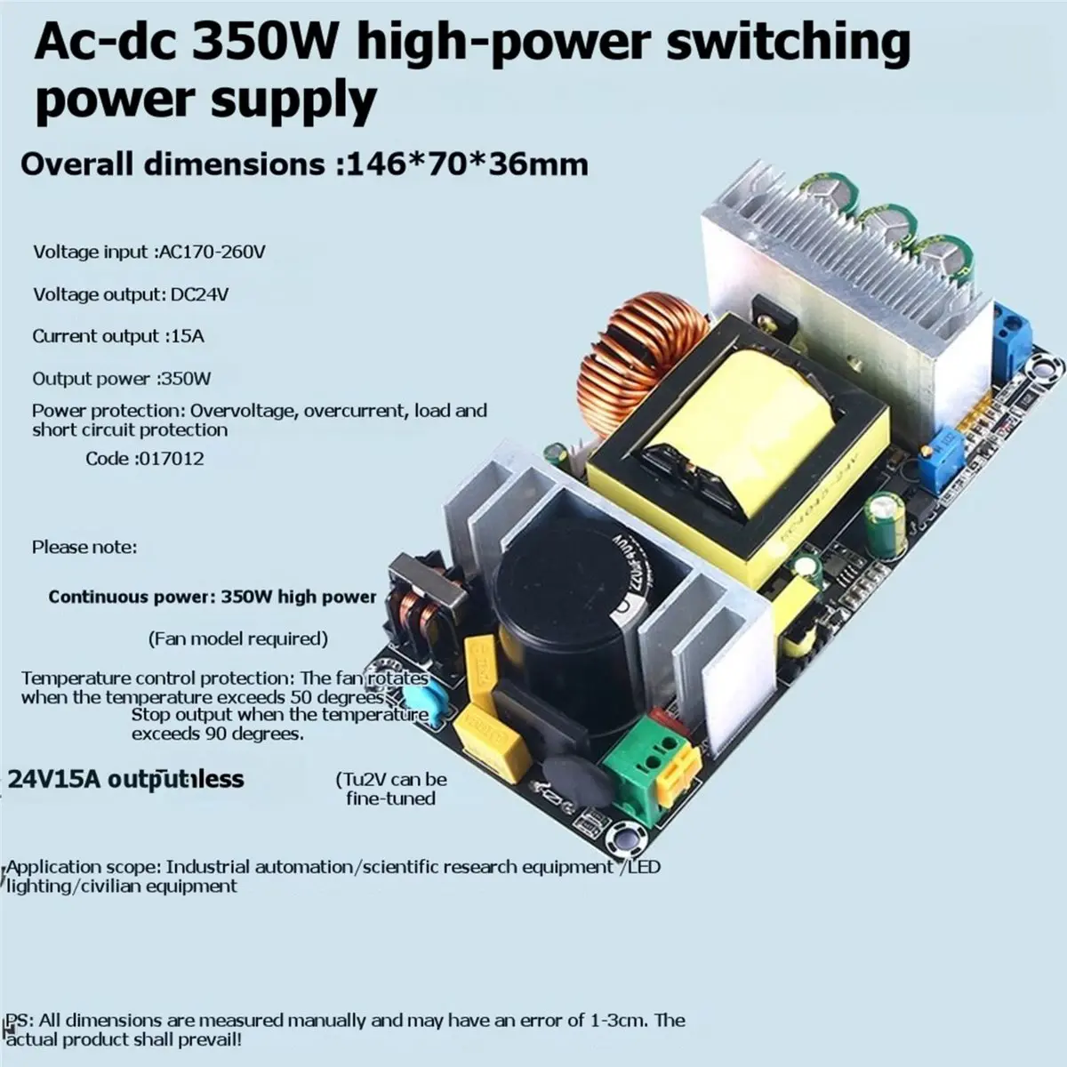 (ABGQ) 350W 220V to 24V 15A Switching Power Supply Industrial Grade Converter for Test and Measurement Equipment Tool No Fan
