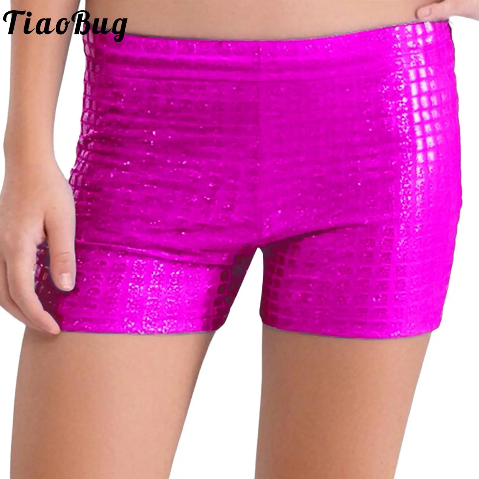 Girls Metallic Shiny Jazz Hip Hop Dance Shorts Gymnastic Cheerleading Stage Performance Dancewear Elastic Waistband Boxer Shorts