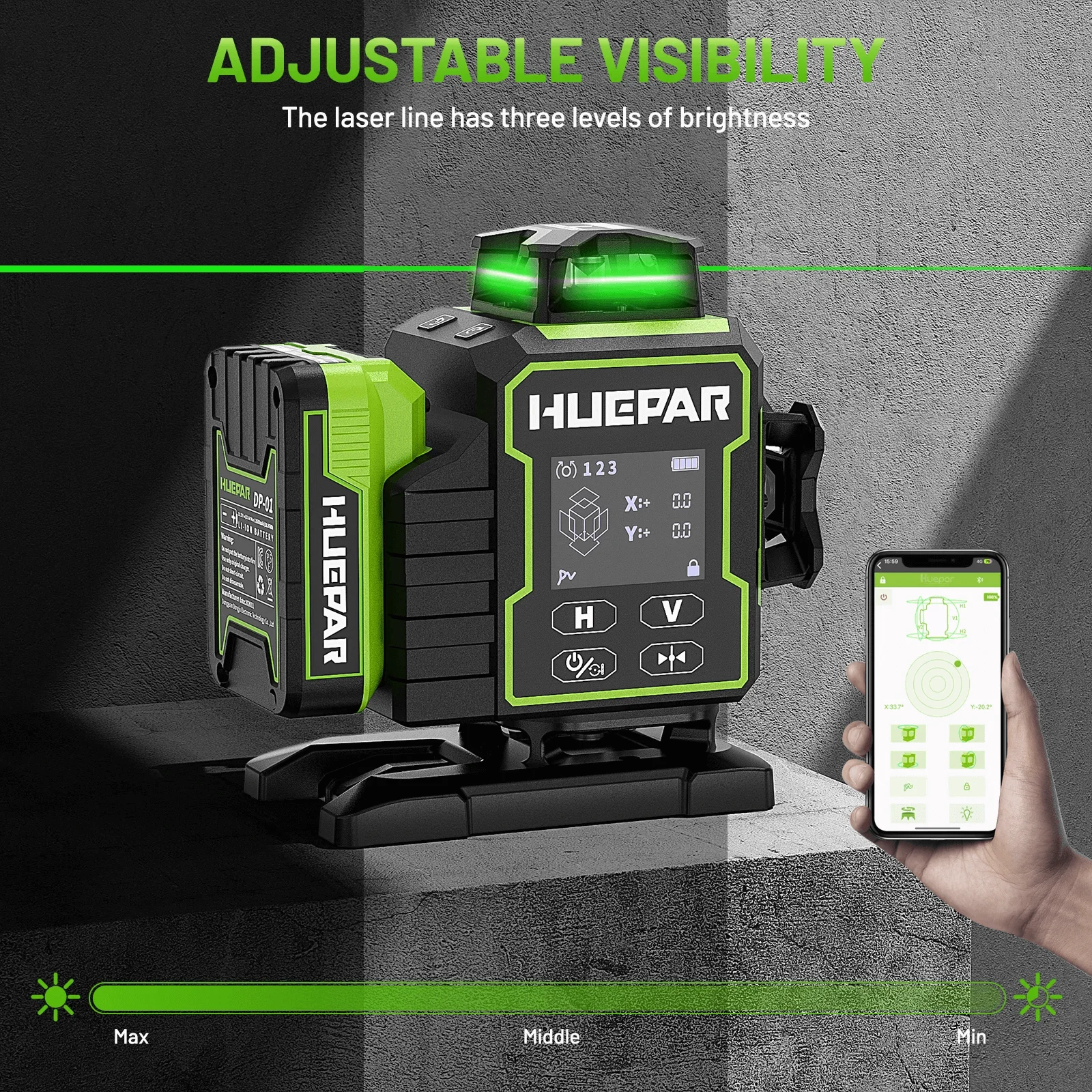 Huepar W04CG Laser Level Green Cross 4D 16 Lines Bluetooth Lazer Leveler With Electric Rotating Base & Large LCD Screen & Remote