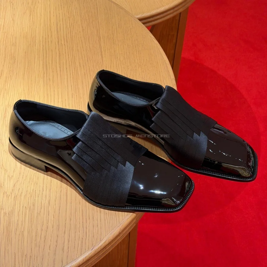 Black Patent Leather Mens Square Toe Derby Shoes Dark Retro Satin Splice Design Slip On Low Heel Casual Formal Dress Shoes